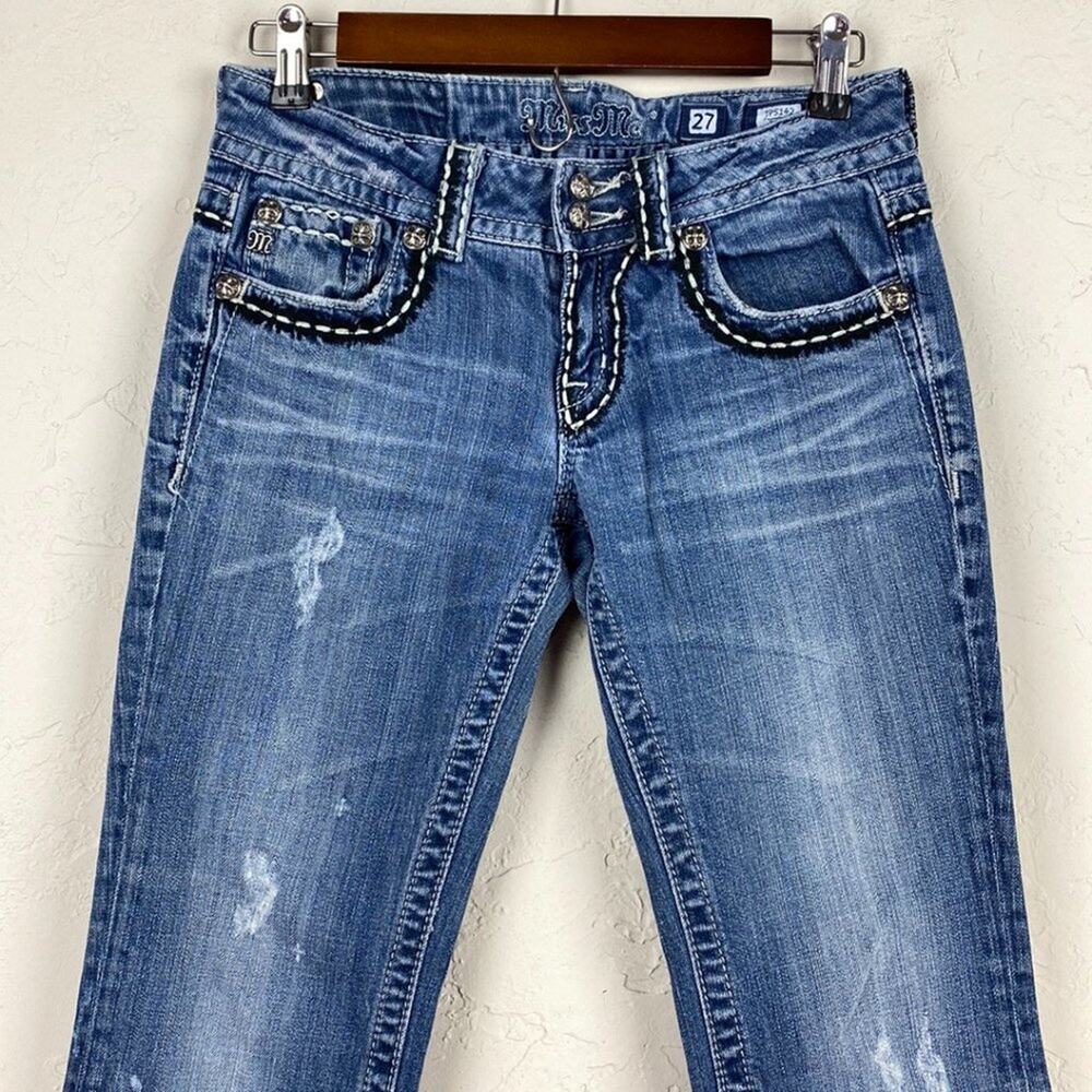 Miss Me Cross Wings JP5142 Embellished Distressed Thick Stitch Boot Cut Jeans 27 - Picture 3 of 12